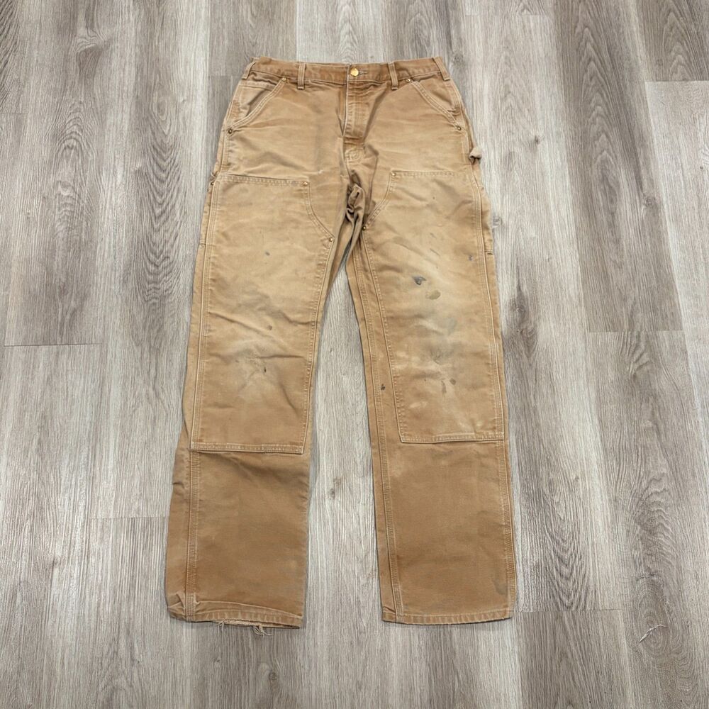 VTG Carhartt B01 BRN Double Knee Canvas Work Pants Distressed USA 34x34 (32x33)